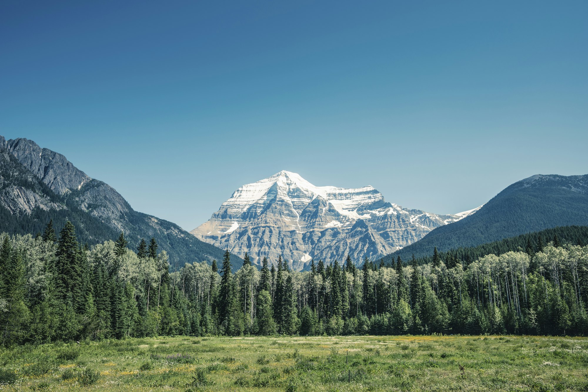 View of snow capped mount Robson, Canadian Rockies, British Columbia, Canada